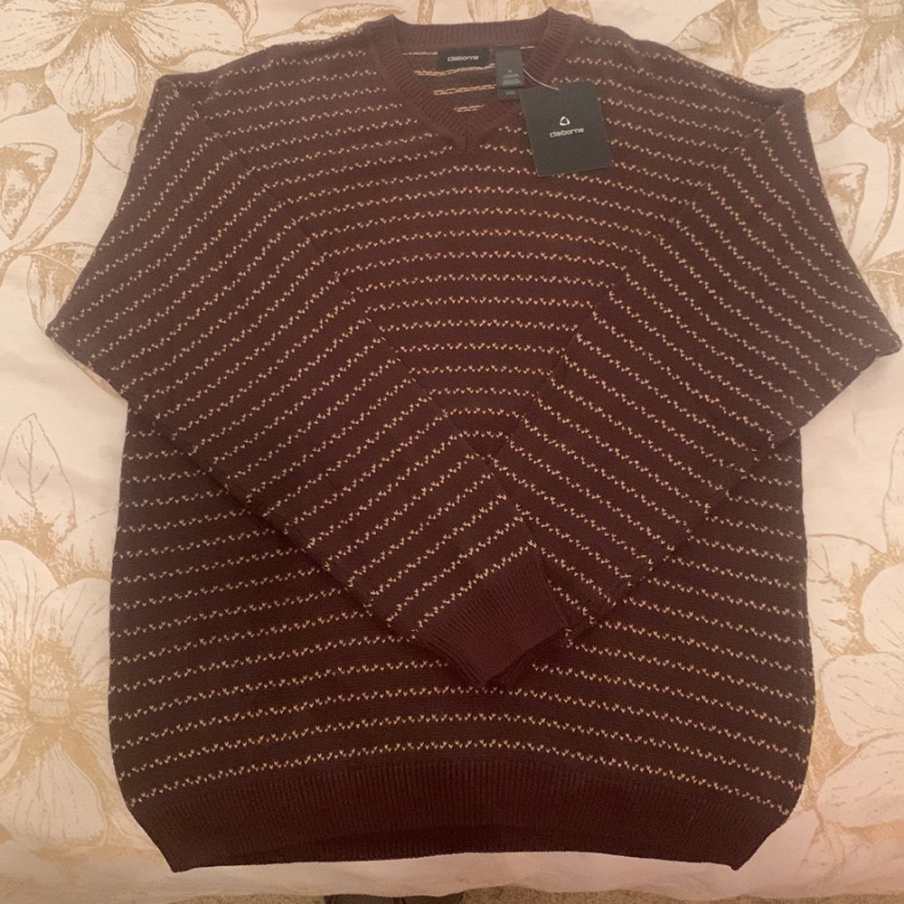 NWT Claiborne Men's Brown Micro Stripe V-Neck Sweater Size XL